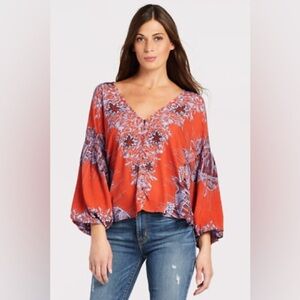 Free people purple red blouse v neck top floral birds of a feather